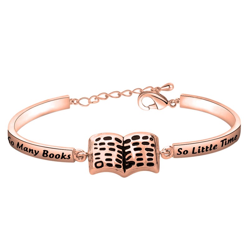 FEELMEM EELMEM Book Lover Gifts So Many Books So Little Time Book Charm Bracelet Bookworm Jewelry Reader Gift Librarian Gift (Rose gold) - Image 1